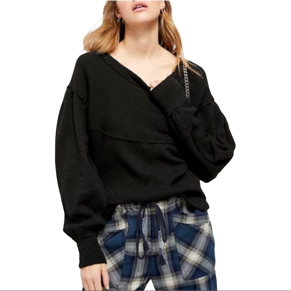 Free People Thermal Sweater Size XS BLACK Boat Neck Long Sleeve Pullover